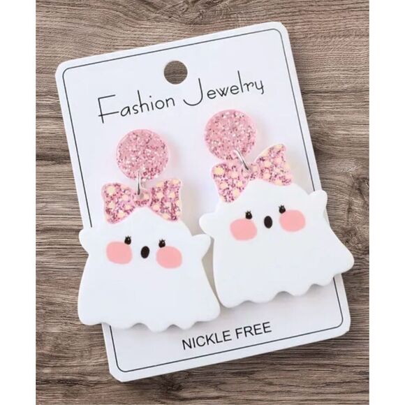NWT Acrylic Pink Sparkly Bow White Ghost Halloween Dangle Earrings - Picture 1 of 7